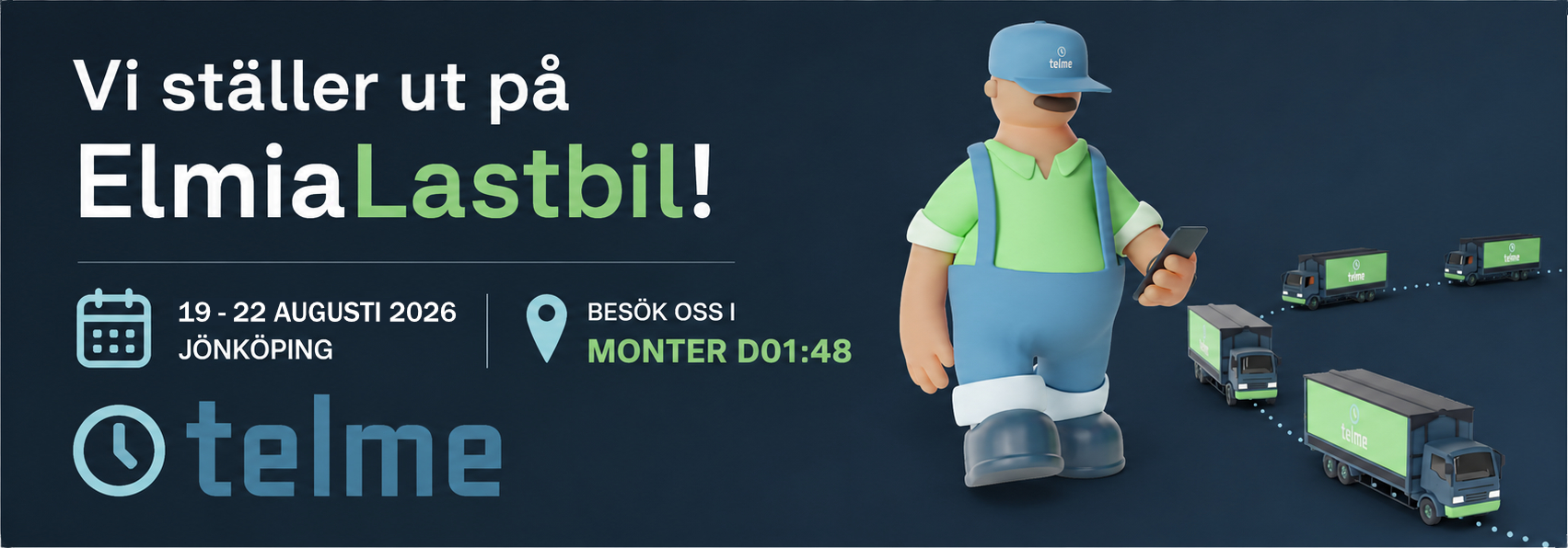 Telme ställer ut på Elmia Lastbil 19–22 augusti 2026, Jönköping — monter D01:48