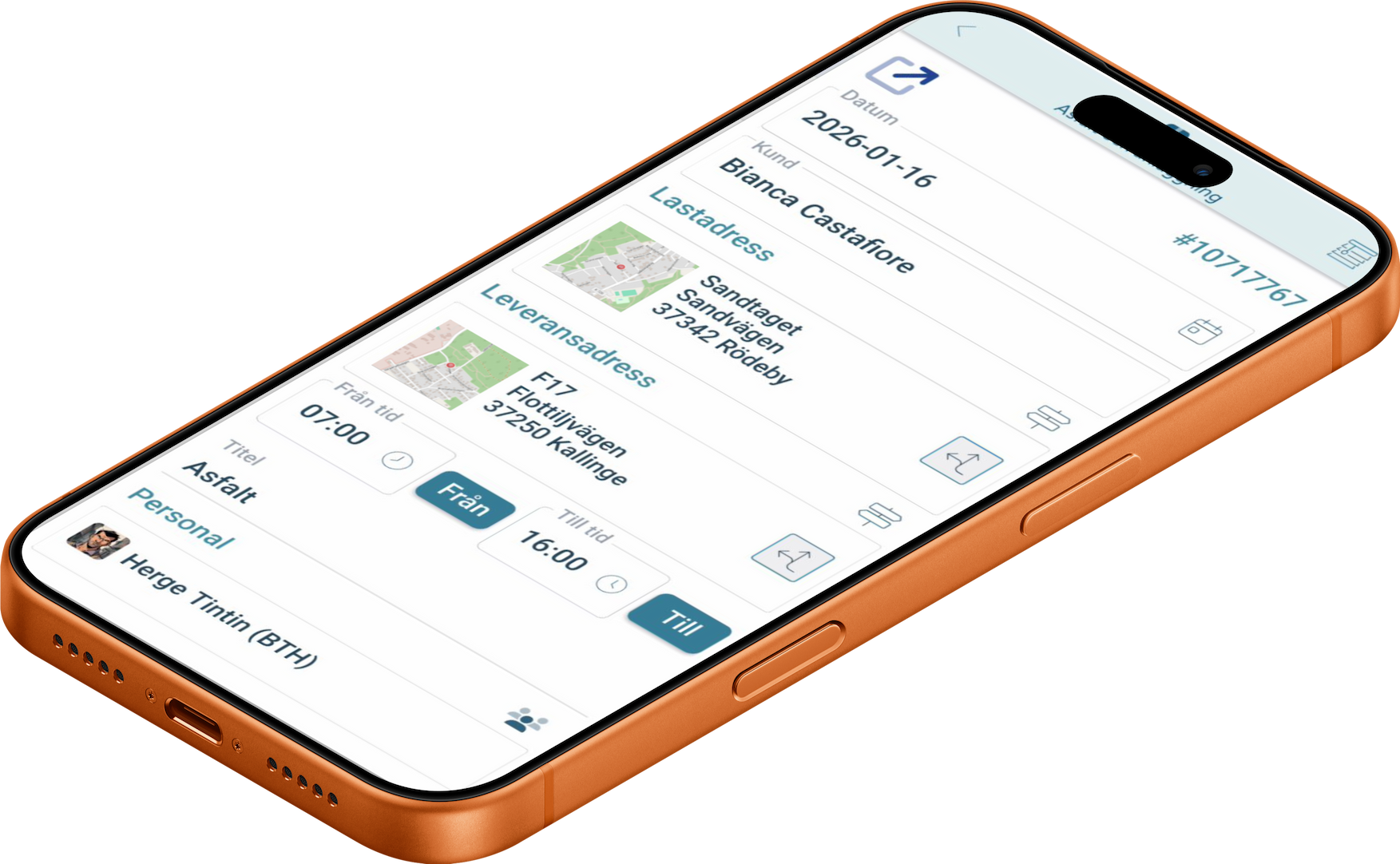 Telme Go — arbetsorderdetaljer i appen