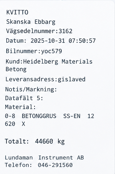 Tolkat kvitto med utlästa fält