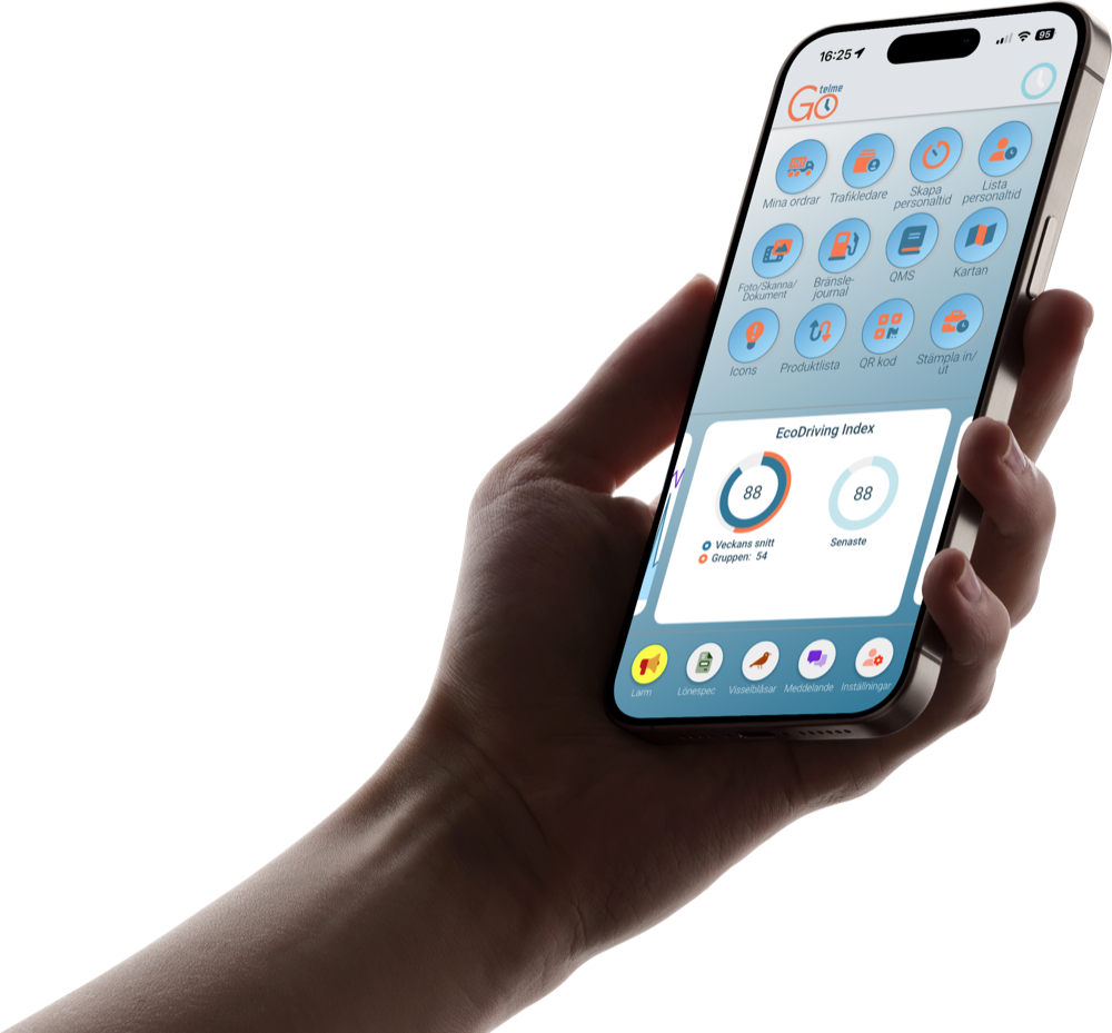 Telme Go på iPhone — startsidan med moduler och EcoDriving-index
