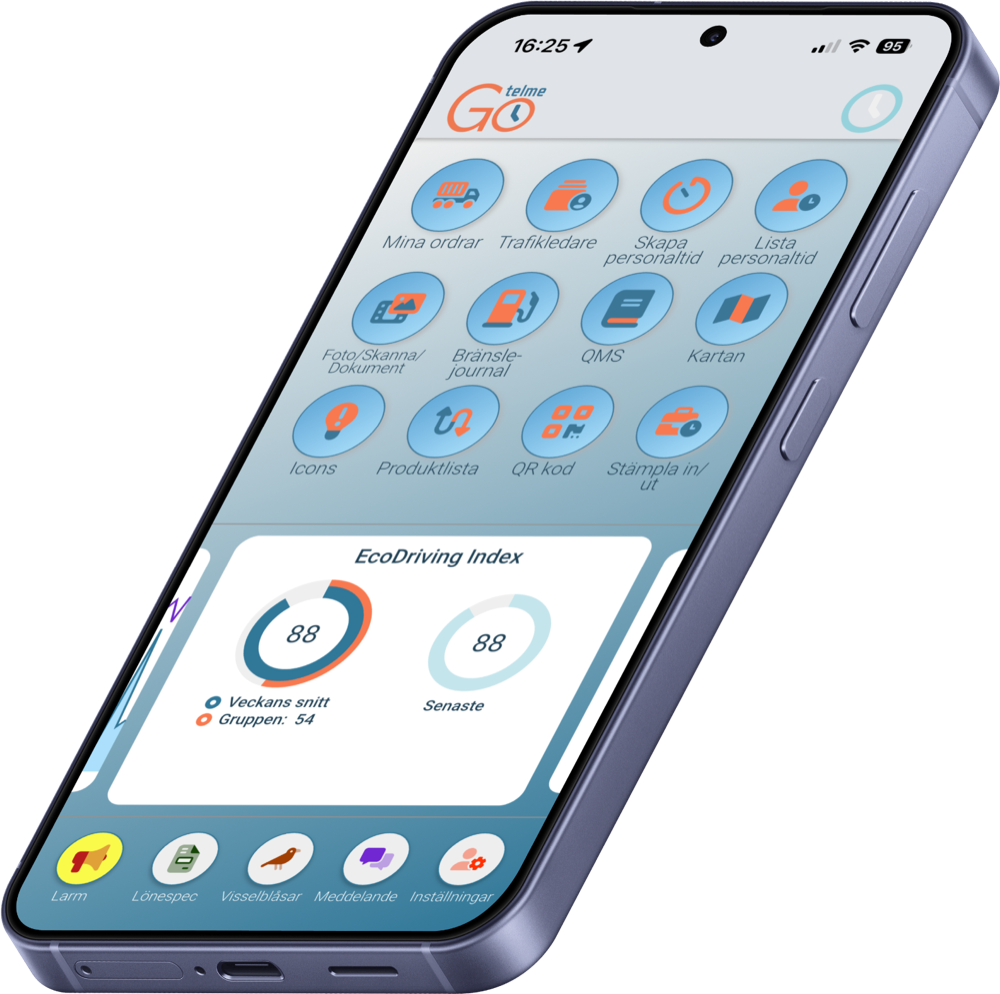 Telme Go på Android — startsida med order, tid och meddelanden