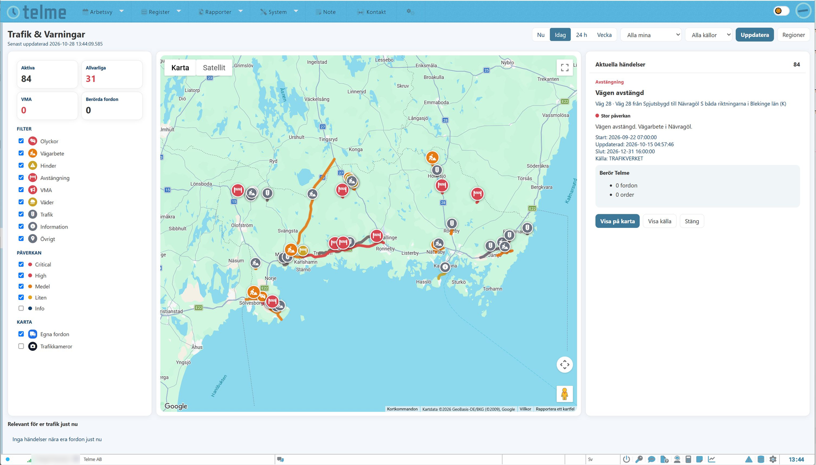 Telme Traffic and warnings: map with current traffic events, filters and a detail panel for a closed road